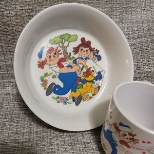 1978 2pc Raggedy Ann,Andy & Dog Vintage Childrens Bowl & Cup Melamine Set